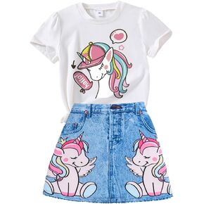 Toddler Girls Suit Unicorn Pattern Printed Short Sleeved & Jean Skirt-2 Pieces Outfits for Little Girls Size 3-7T