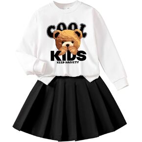 Toddler Girl Set - Bear Print Crew Neck Sweatshirt and Pleated Skirt - Girls Skirt Outfit (3-7 T)