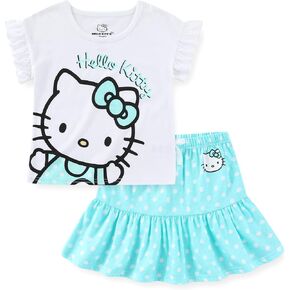 Hello Kitty Sanrio Girls Short Sleeve Shirt and Skirt 2 Piece Set for Big Kids