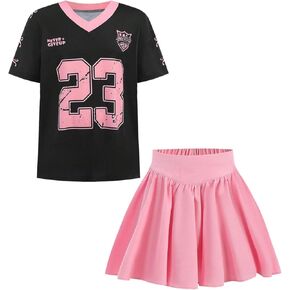 Verdusa Girl's 2 Piece Summer Outfits Short Sleeve Jersey Shirts with Pleated Skirt Set