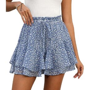 Shorts for Women Summer Casual Chiffon Skorts Boho Ruffle Tennis Mini Skirts Blue Floral M