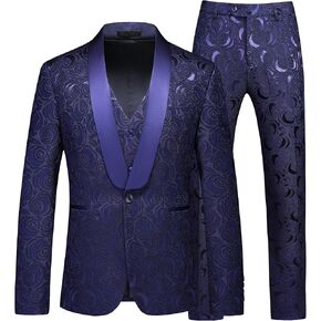 MOGU Men’s 3-Piece Slim Fit Suit Set Floral Tuxedo with Shawl Lapel One-Button Blazer Vest Elastic Waist Pants Party Outfit