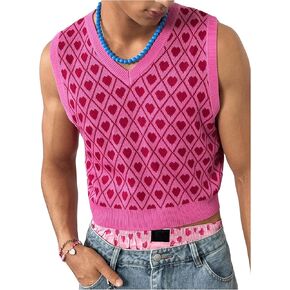Men's Heart Graphic Printed Sleeveless V Neck Sweater Vests Cropped Knit Tank Tops