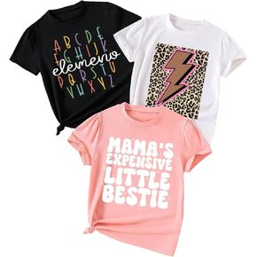Toddler Basic T-Shirt - Letter and Lightning Print Short Sleeve Sets - Girl Summer Short Sleeve 3 Pack Top (3-7T)