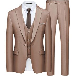 WULFUL Men’s Slim Fit Suit One Button 3-Piece Blazer Dress Business Wedding Party Jacket Vest & Pant
