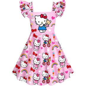 Girls Cartoon Dress Kids Square Neck Casual Outfit Home Party Play Wear