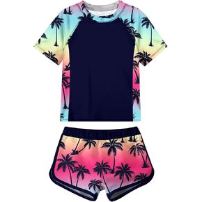 Idgreatim Girls Rashguard Swimsuit 2 Piece Short Sleeve Bathing Suit UPF 50+ Sun Proction Swimwear Size 8-14T