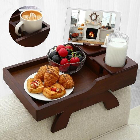 Couch Arm Tray, Multi-Function Folding Sofa Armrest Tray with 360°Rotating Phone&Pad Bracket, TV Tray for Eating and Beverage in Kuwait