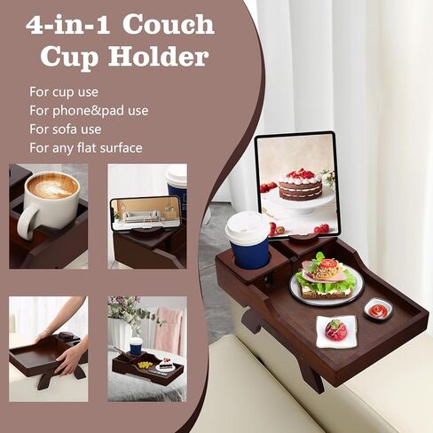 Couch Arm Tray, Multi-Function Folding Sofa Armrest Tray with 360°Rotating Phone&Pad Bracket, TV Tray for Eating and Beverage in Kuwait