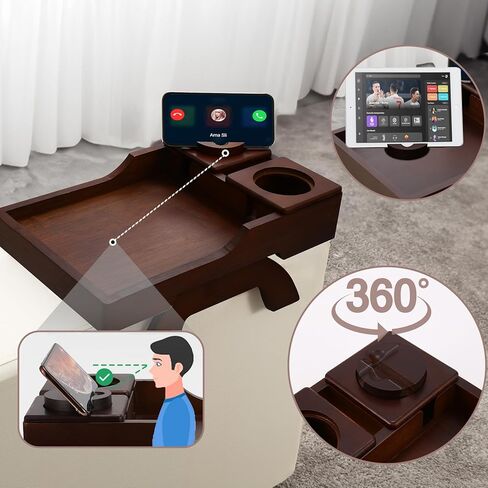 Couch Arm Tray, Multi-Function Folding Sofa Armrest Tray with 360°Rotating Phone&Pad Bracket, TV Tray for Eating and Beverage in Kuwait