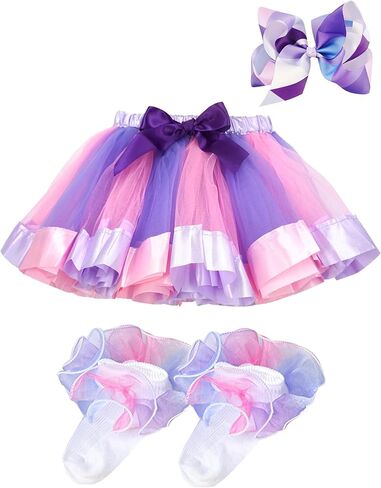 BGFKS Girls Layered Tulle Rainbow Tutu Skirt Sets,Toddler Girl Skirt with Linging,Hairbow and Socks. in Kuwait