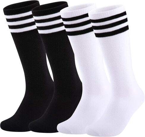 Comfoex Kids Soccer Socks 4 Pairs Girls Baseball Football Sports Tall Socks With Cotton Stripes Girls Knee High Socks in Kuwait
