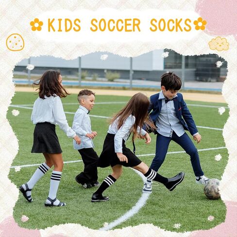 Comfoex Kids Soccer Socks 4 Pairs Girls Baseball Football Sports Tall Socks With Cotton Stripes Girls Knee High Socks in Kuwait