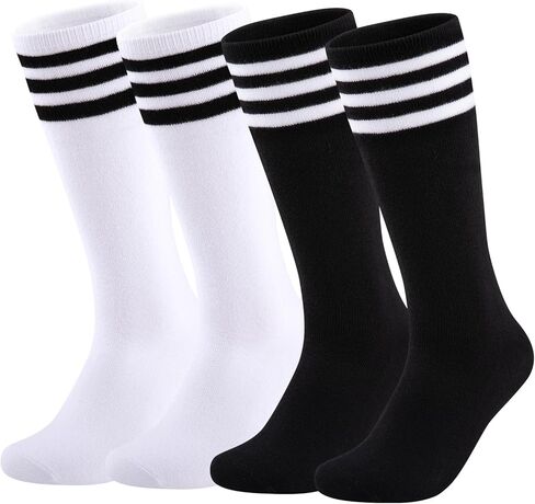 Comfoex Kids Soccer Socks 4 Pairs Girls Baseball Football Sports Tall Socks With Cotton Stripes Girls Knee High Socks in Kuwait