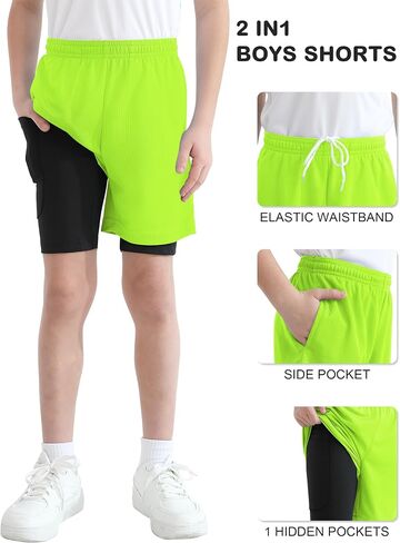 QBK Toddler to Youth Boys 2 in 1 Athletic Shorts Basketball Compression Shorts with Liner for Girls Soccer Running Sports in Saudi Arabia