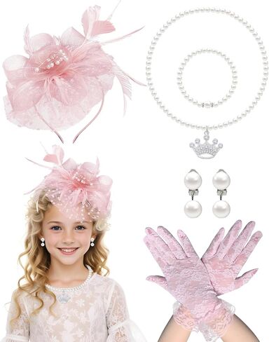 5Pcs Girls Tea Party Fascinators Hats Tea Party Headband and Lace Glove Set for Girls 1920s Party in Saudi Arabia