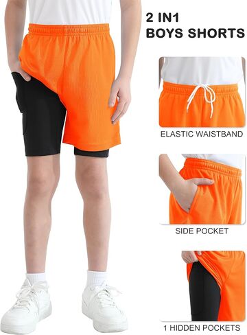 QBK Toddler to Youth Boys 2 in 1 Athletic Shorts Basketball Compression Shorts with Liner for Girls Soccer Running Sports in Saudi Arabia