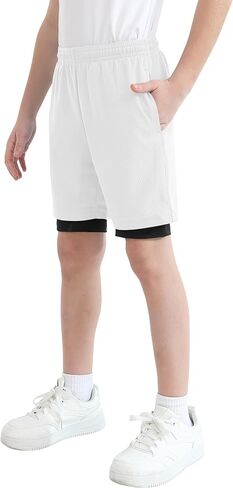 QBK Toddler to Youth Boys 2 in 1 Athletic Shorts Basketball Compression Shorts with Liner for Girls Soccer Running Sports in Saudi Arabia