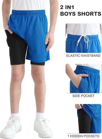 QBK Toddler to Youth Boys 2 in 1 Athletic Shorts Basketball Compression Shorts with Liner for Girls Soccer Running Sports in Kuwait