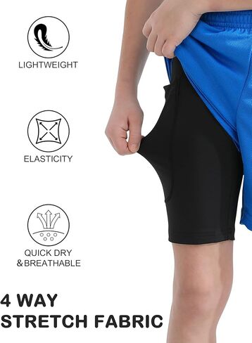 QBK Toddler to Youth Boys 2 in 1 Athletic Shorts Basketball Compression Shorts with Liner for Girls Soccer Running Sports in Kuwait