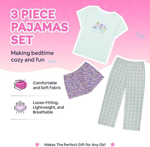 Girls Pajamas Set - 3-Piece PJs Set, Tee, Pants & Shorts, Soft Girls’ Sleepwear, Teen Kids Pajamas, Sizes 5-16 in Saudi Arabia