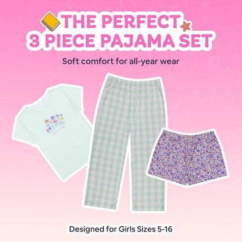 Girls Pajamas Set - 3-Piece PJs Set, Tee, Pants & Shorts, Soft Girls’ Sleepwear, Teen Kids Pajamas, Sizes 5-16 in Saudi Arabia