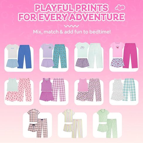 Girls Pajamas Set - 3-Piece PJs Set, Tee, Pants & Shorts, Soft Girls’ Sleepwear, Teen Kids Pajamas, Sizes 5-16 in Saudi Arabia
