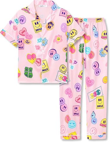 Beezizac Little & Big Girls Pajama Satin Silky Yellow & Pink Leopard 2-PC الأكمام القصيرة والسروال مجموعة Kid Size 6-16 in Kuwait