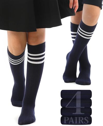 Hugh Ugoli Cotton Knee High Socks for Girls ، Boys ، Long Tube School Goots with Stripes ، 5-14 Years ، 4 Pairs in Kuwait