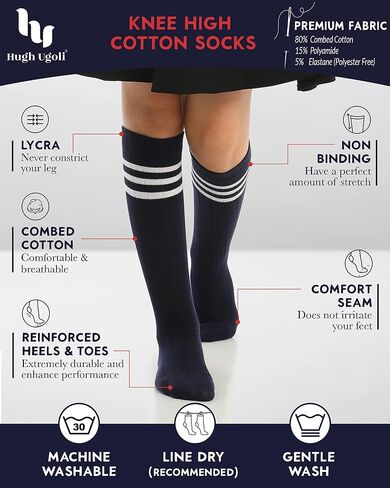 Hugh Ugoli Cotton Knee High Socks for Girls ، Boys ، Long Tube School Goots with Stripes ، 5-14 Years ، 4 Pairs in Kuwait