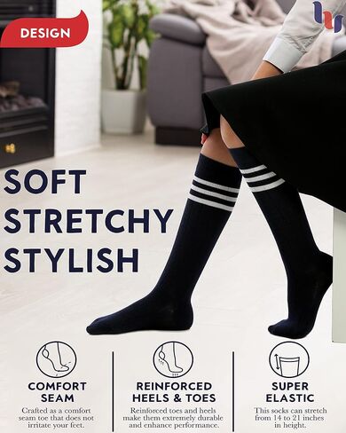 Hugh Ugoli Cotton Knee High Socks for Girls ، Boys ، Long Tube School Goots with Stripes ، 5-14 Years ، 4 Pairs in Kuwait