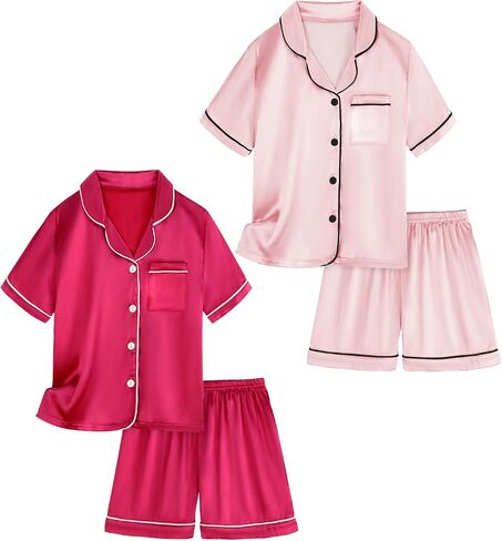 Satin Pajamas for Girls, 4-Piece Short Sleeve Button Down Silky PJ Set in Saudi Arabia