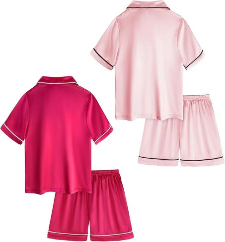 Satin Pajamas for Girls, 4-Piece Short Sleeve Button Down Silky PJ Set in Saudi Arabia