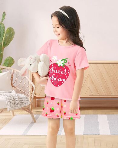 Nidoul Girls Pajamas Short Sleeve Toddler Summer Pjs Girls' Sleepwear 2 Pieces Lounge Sets Kids Clothes 3T-14Y in Kuwait