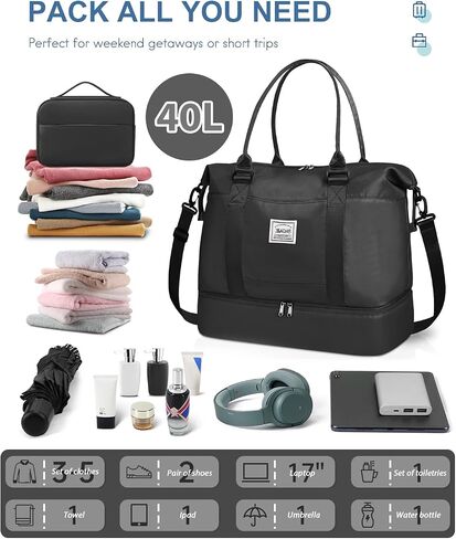 BAGAIL Travel Duffel Bag - Weekender, Overnight Gym Carry On Tote with Wet Pocket, Hospital Mom Bag for Labor and Delivery - Extra Large, Black in Kuwait