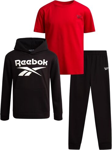 Reebok Boys' Sweatsuit Set - 3 Piece Pullover Hoodie Sweatshirt, Jogger Sweatpants, and T-Shirt - Activewear Pants Set (8-14) in Kuwait