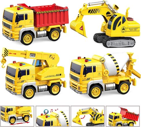 City Car Toy Playset of 4 Vehicles - Friction-Powered w/ Realistic Lights & Sounds - Includes Police Car, Garbage Truck, Construction Dump Truck & Helicopter - Toddler Boys Toy for Kids Ages 3-5 in Kuwait