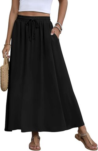 Women's Maxi Skirt Summer 2025 Pleated Flowy Elastic High Waisted Skirts with Pockets in Kuwait