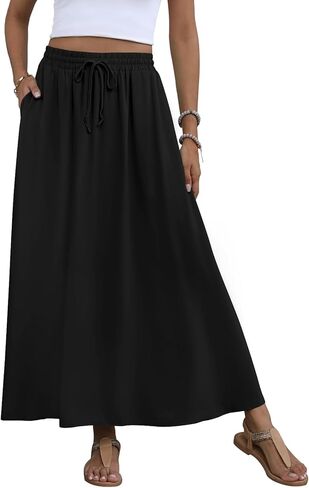 Women's Maxi Skirt Summer 2025 Pleated Flowy Elastic High Waisted Skirts with Pockets in Kuwait