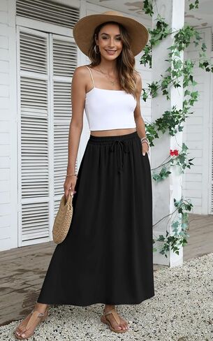 Women's Maxi Skirt Summer 2025 Pleated Flowy Elastic High Waisted Skirts with Pockets in Kuwait
