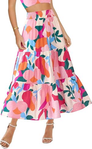 BTFBM Women's Floral Print Midi Maxi Skirts 2025 Summer Casual Aline Elastic High Waist Pleated Flowy Long Skirt Pockets in Kuwait
