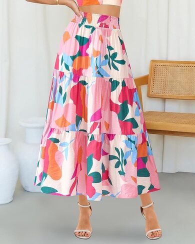 BTFBM Women's Floral Print Midi Maxi Skirts 2025 Summer Casual Aline Elastic High Waist Pleated Flowy Long Skirt Pockets in Kuwait