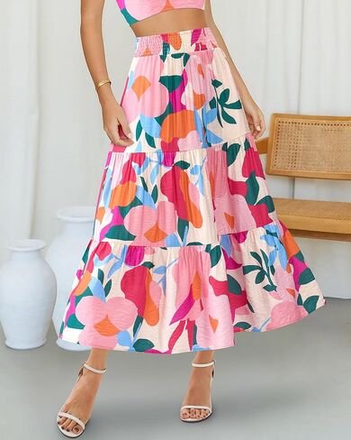 BTFBM Women's Floral Print Midi Maxi Skirts 2025 Summer Casual Aline Elastic High Waist Pleated Flowy Long Skirt Pockets in Kuwait