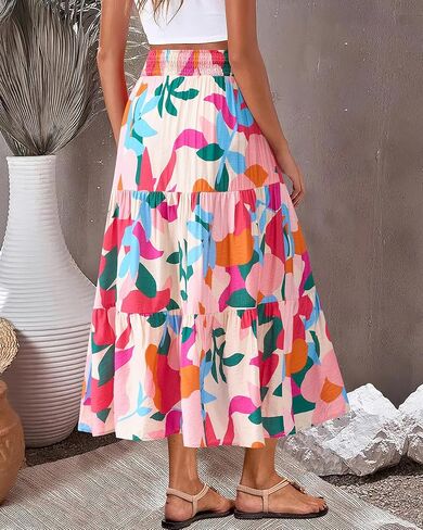 BTFBM Women's Floral Print Midi Maxi Skirts 2025 Summer Casual Aline Elastic High Waist Pleated Flowy Long Skirt Pockets in Kuwait
