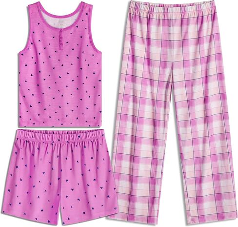 Girls Pajamas Set - 3-Piece PJs Set, Tee, Pants & Shorts, Soft Girls’ Sleepwear, Teen Kids Pajamas, Sizes 5-16 in Saudi Arabia