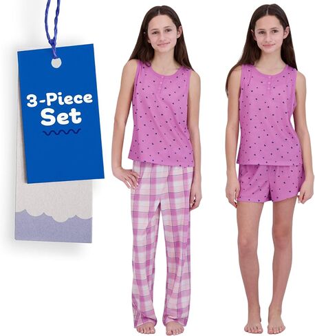 Girls Pajamas Set - 3-Piece PJs Set, Tee, Pants & Shorts, Soft Girls’ Sleepwear, Teen Kids Pajamas, Sizes 5-16 in Saudi Arabia
