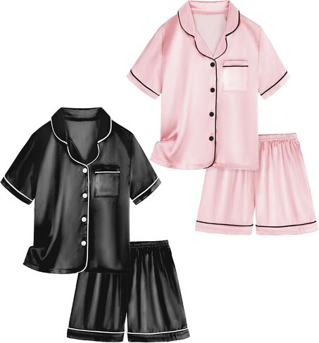Satin Pajamas for Girls, 4-Piece Short Sleeve Button Down Silky PJ Set in Saudi Arabia