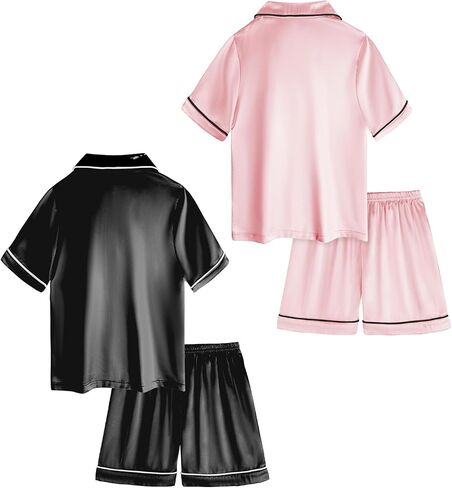Satin Pajamas for Girls, 4-Piece Short Sleeve Button Down Silky PJ Set in Saudi Arabia