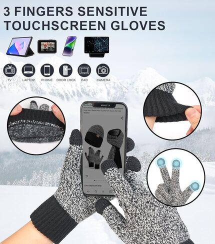 Men's Winter Hat Scarf Gloves Set, 3 PCS Warm Beanie Long Scarf fleece lined Touchscreen Gloves for Cold Weather in Saudi Arabia