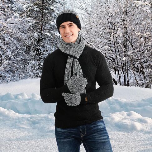 Men's Winter Hat Scarf Gloves Set, 3 PCS Warm Beanie Long Scarf fleece lined Touchscreen Gloves for Cold Weather in Saudi Arabia